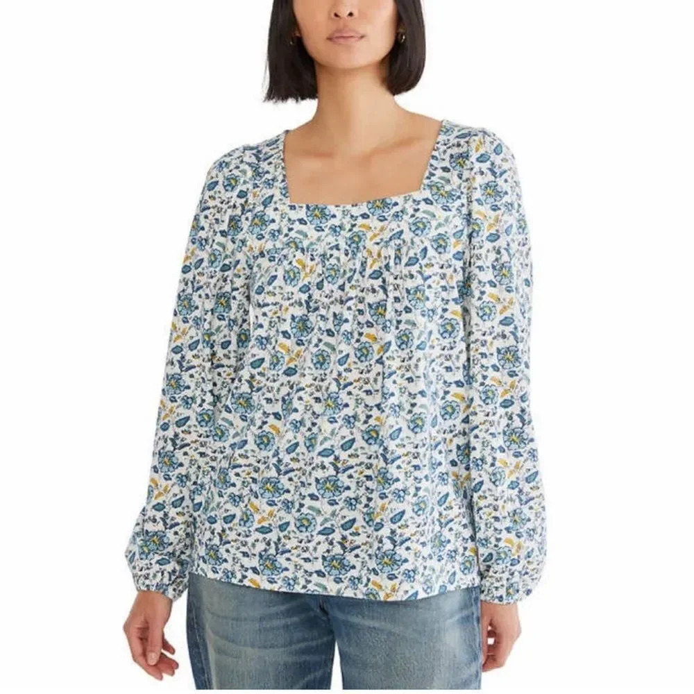 Lucky Brand Long Sleeve Top, Square Neck, Cream Blue Floral Pattern, Boho